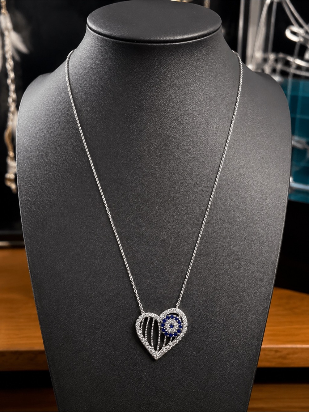 925 Sterling Silver Heart Pendant Necklace with Blue and white Moissanite